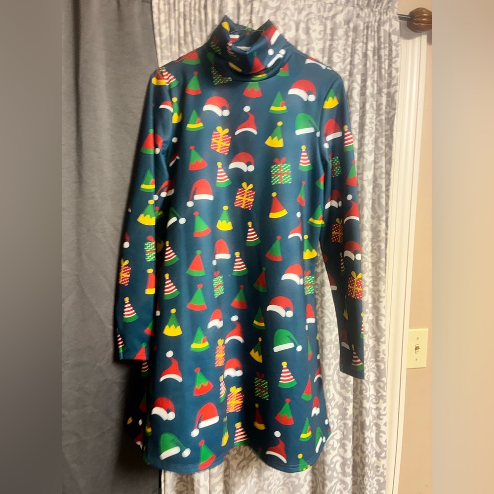 Festive Holiday Dress with Santa Hat Print